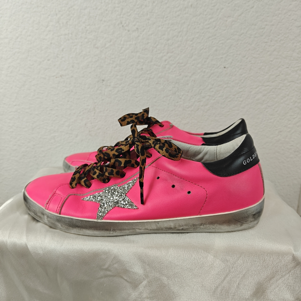 Golden Goose Super-Star Neon Pink Glitter Star Sneakers Sz 40 (9-9.5) Leopard - Picture 9 of 16